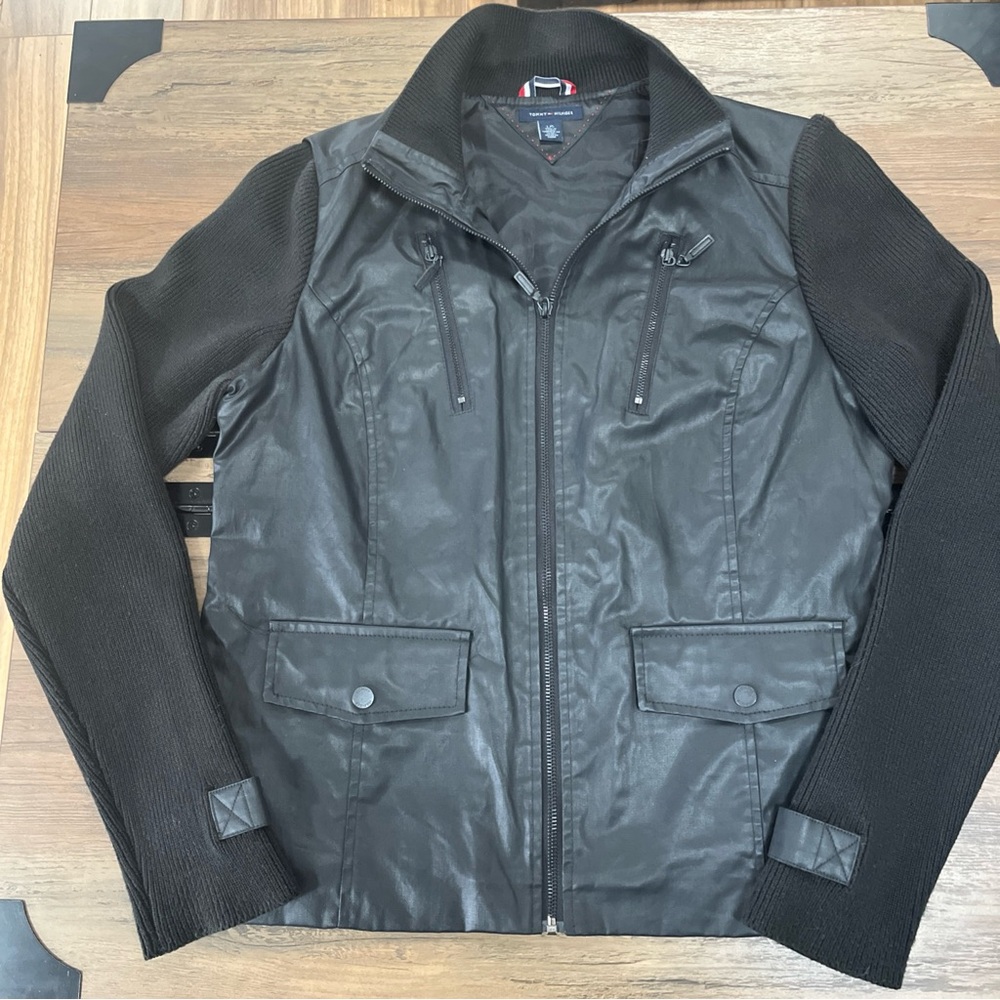 Tommy Hilfiger Women's Size L Black Vegan Leather and Knit Sleeves Moto Jacket